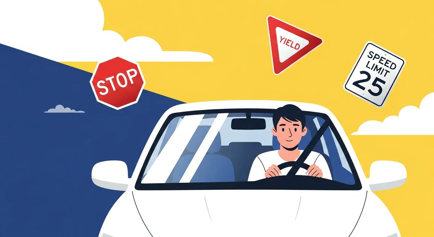 Illustration of a learner driver with US road signs